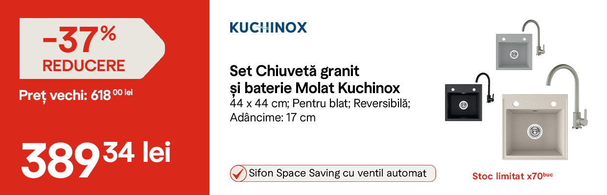 Set chiuvetă granit și baterie Kuchinox Molat 44 x 44 cm – 389,34 lei în loc de 618,00 lei, reducere 37%