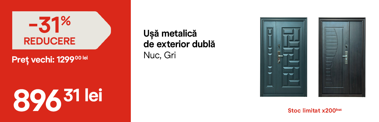 Ușă metalică de exterior dublă, nuc sau gri – 896,31 lei în loc de 1.299,00 lei, reducere 31%